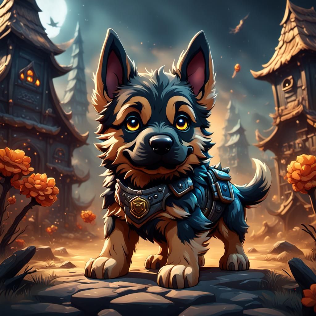 Chibi German Shepherd Hellhound: Detailed Fantasy Art