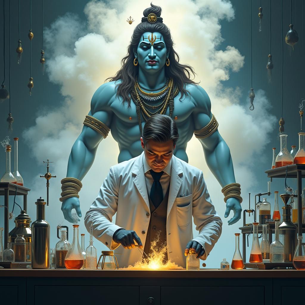 Scientist Watched by Shiva: Dramatic Digital Illustration