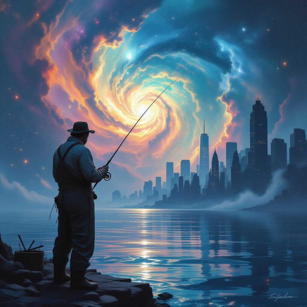 Cosmic Fisherman Among Floating Ruins