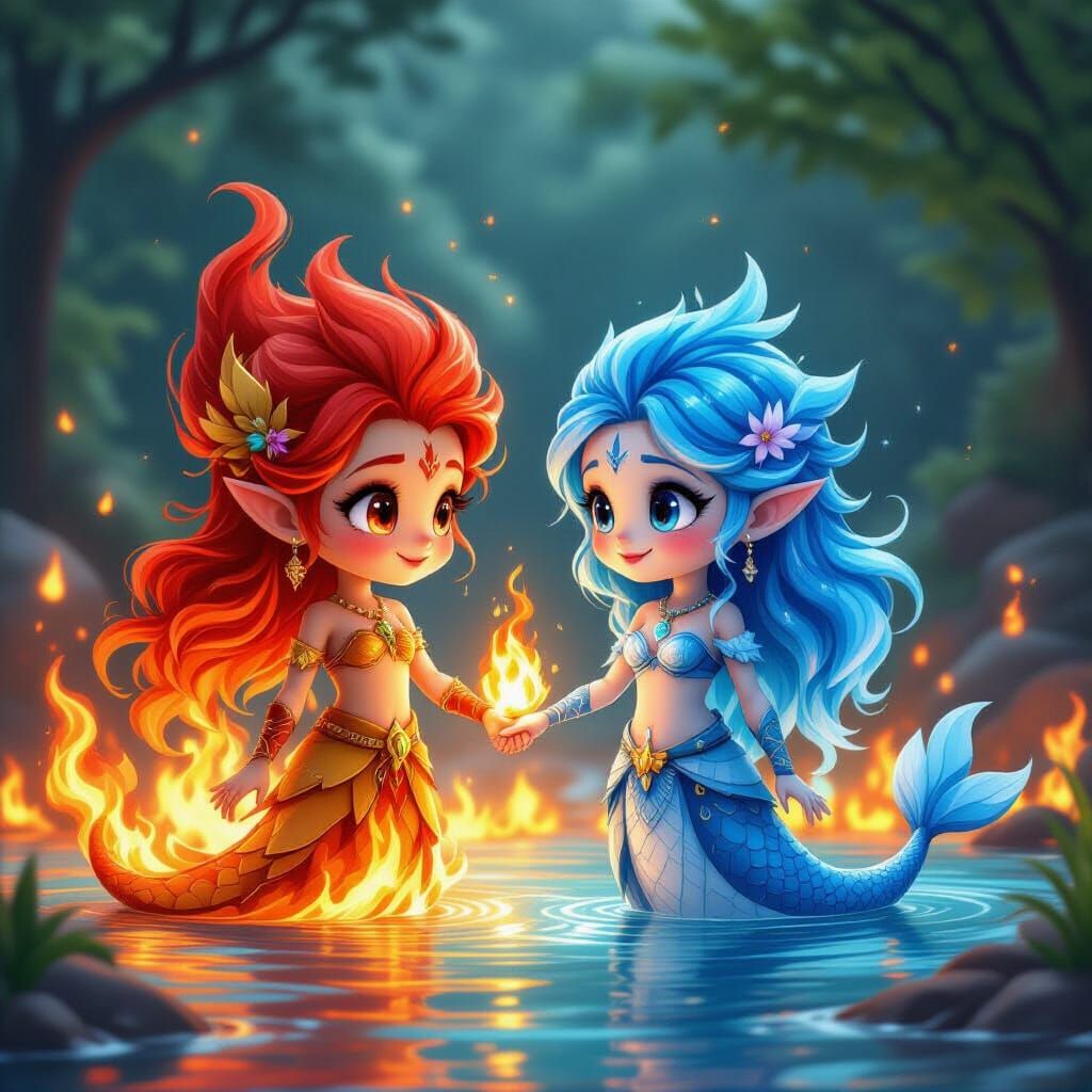 Cute Fire Spirit and Water Spirit Friends in Fantasy Art