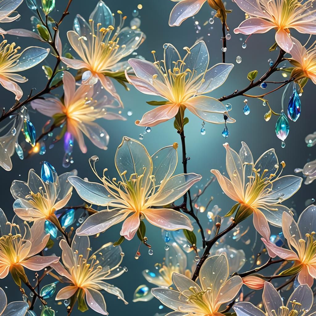 Bioluminescent Honeysuckle Blossom in Glass Art Style