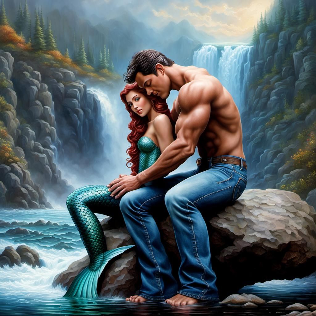 Man Embraces Mermaid in Ethereal Fantasy Scene