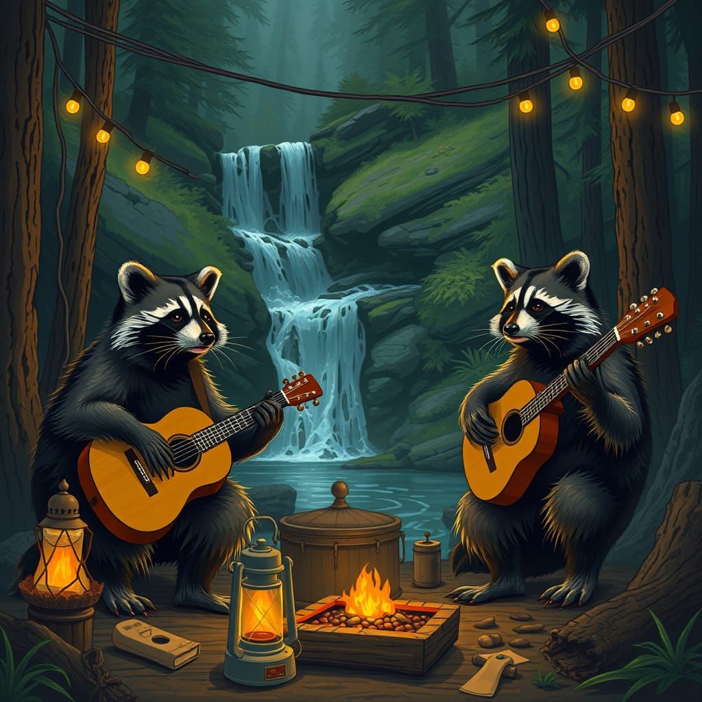 Raccoon Bluegrass Band at Forest Waterfall, Folk Art