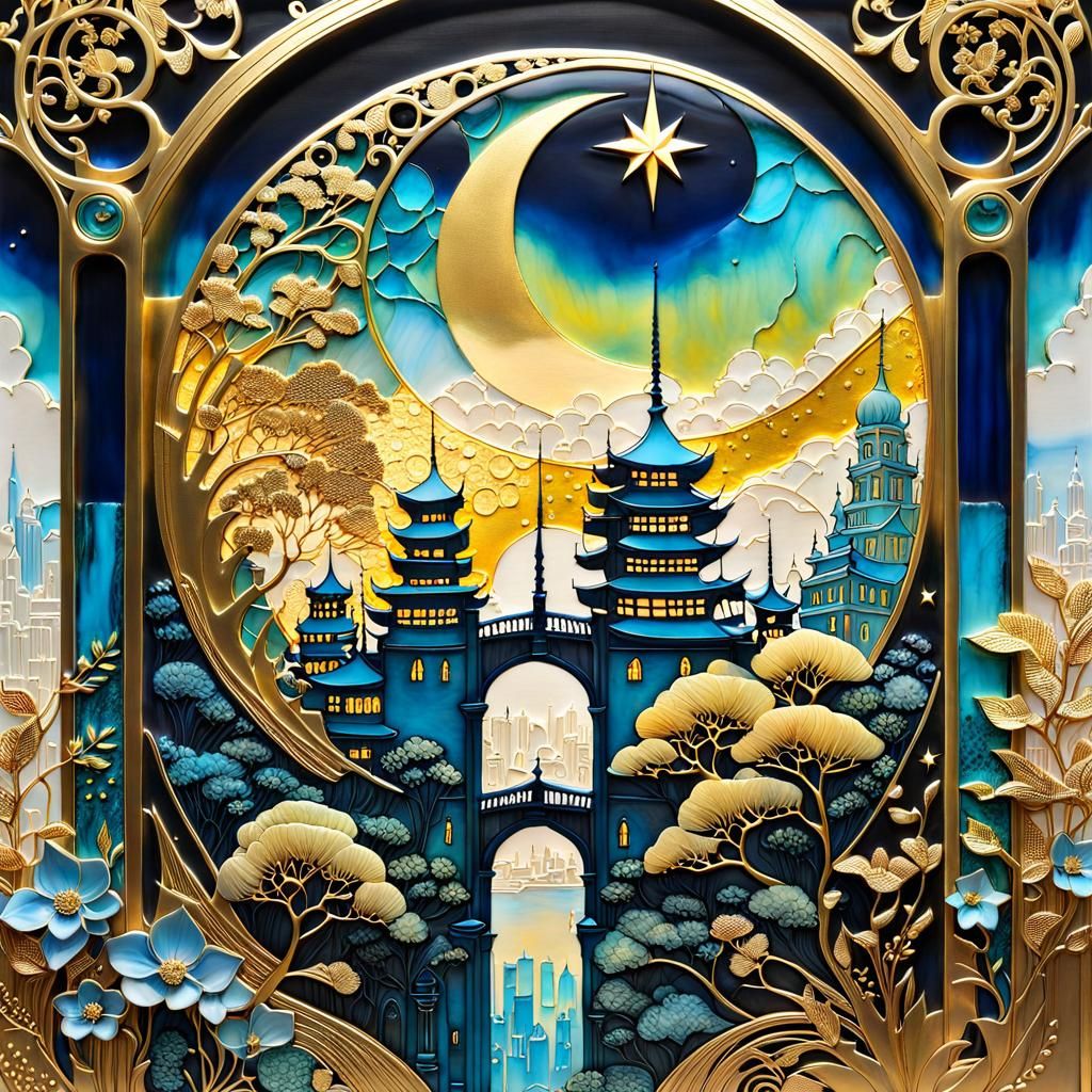 Golden City Garden: Art Deco Fantasy in Ghibli Style