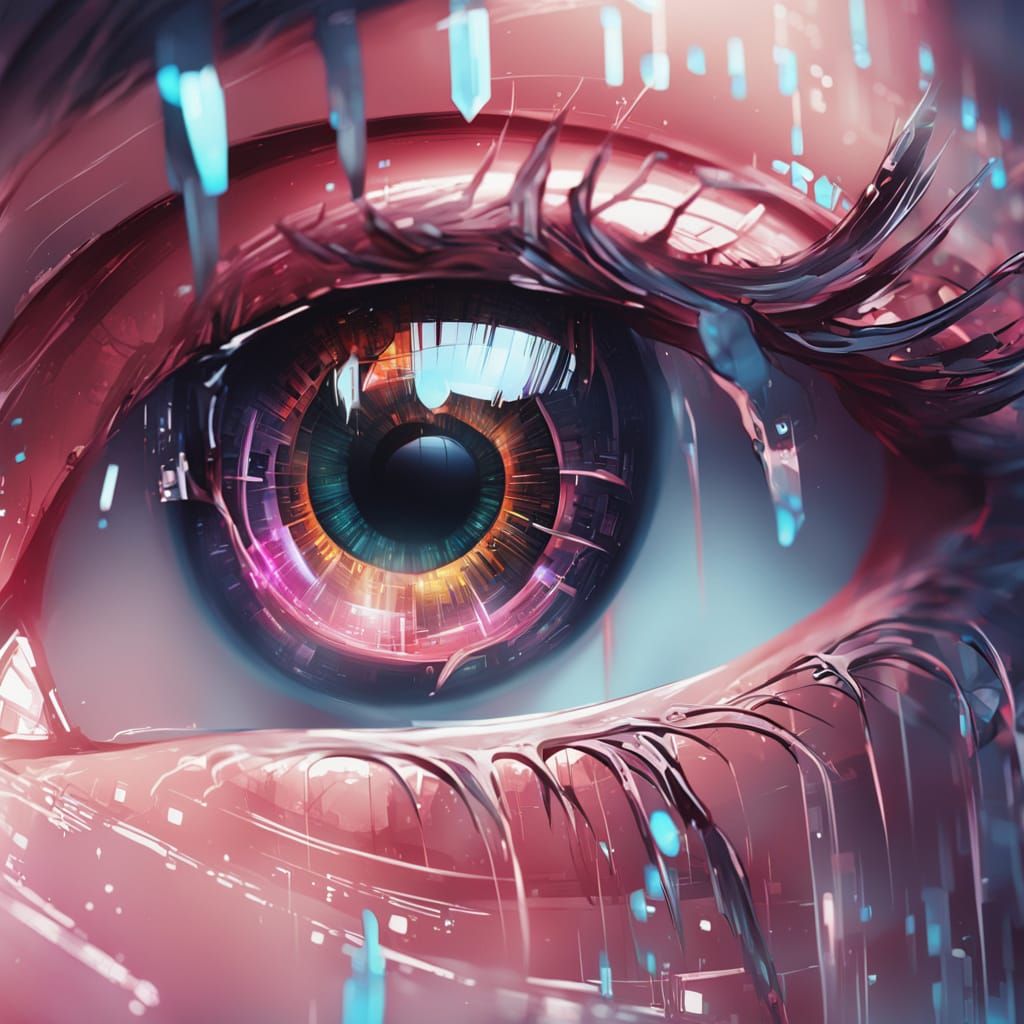 Artificial Eye Reflecting Cityscape in Detailed Anime Style