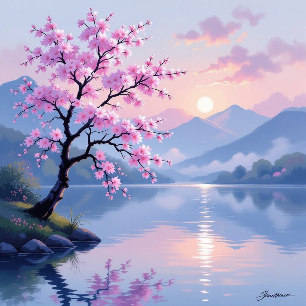 Majestic Cherry Blossom Tree by Misty Lake