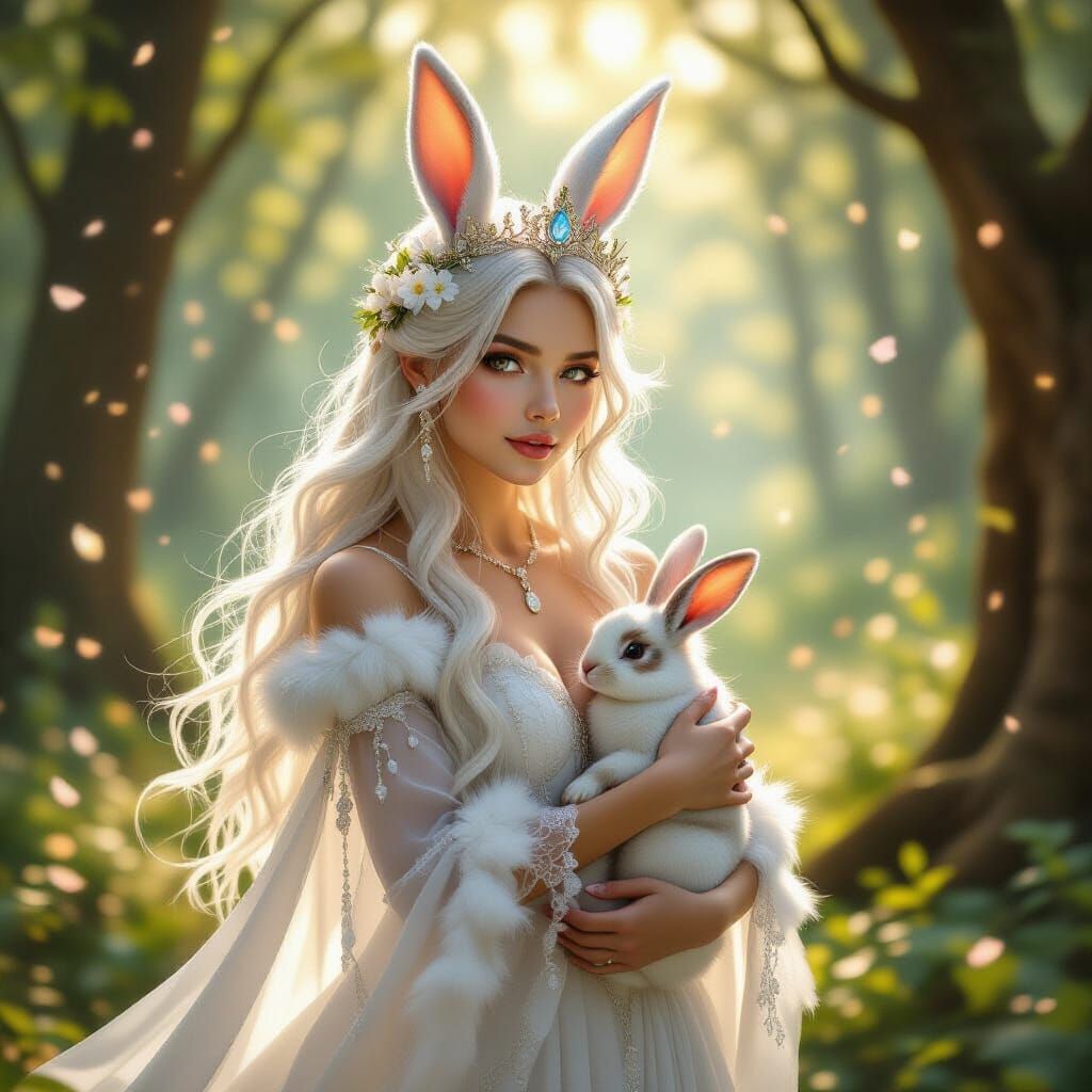 Forest Princess with Rabbit and Bunny in Enchanted Woods