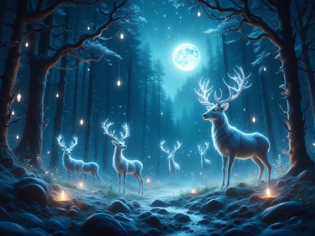 Spectral Reindeer in Enchanted Moonlight Forest