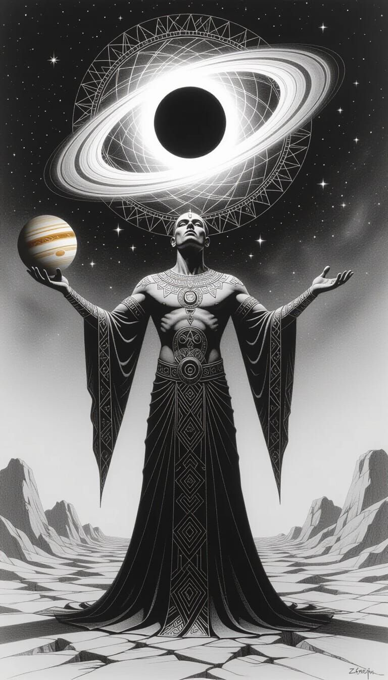Cosmic Being Holding Saturn in Charcoal Drawing Style