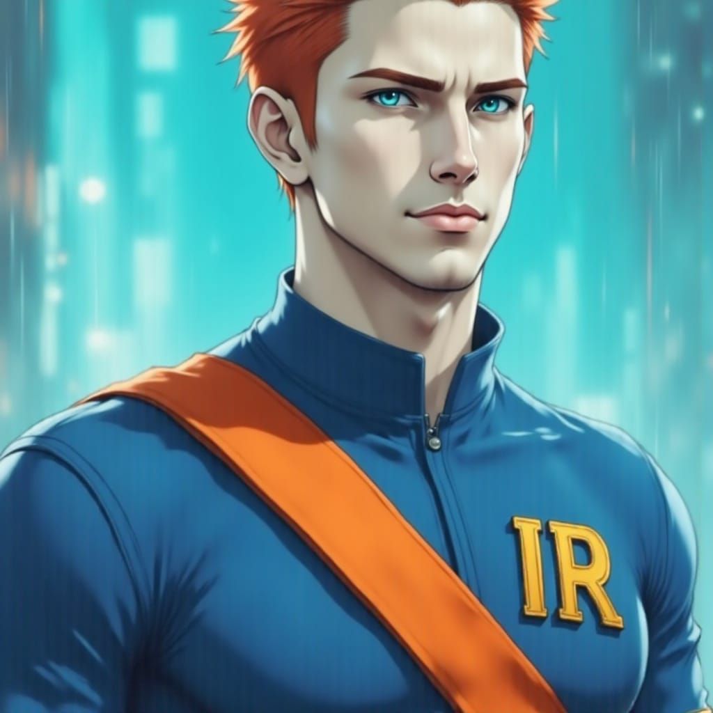 Anime Cyberpunk John Tracy, red hair, turquoise eyes, blue u...