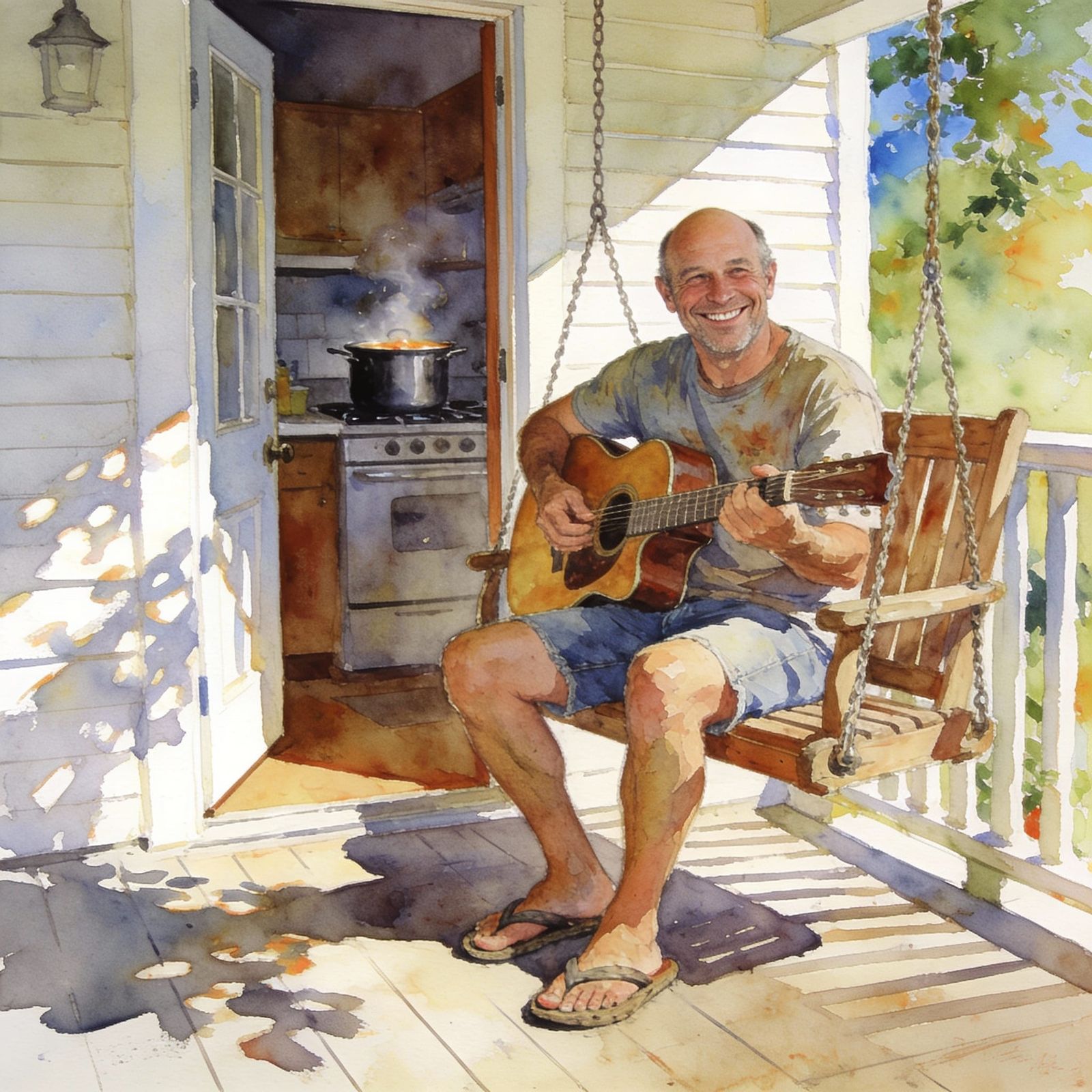 Joyful Musician on Porch Swing in Watercolor Style