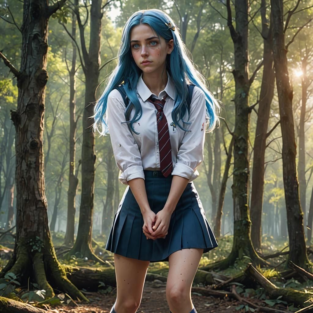 Blue-Haired Schoolgirl in Forest: Detailed Matte Painting