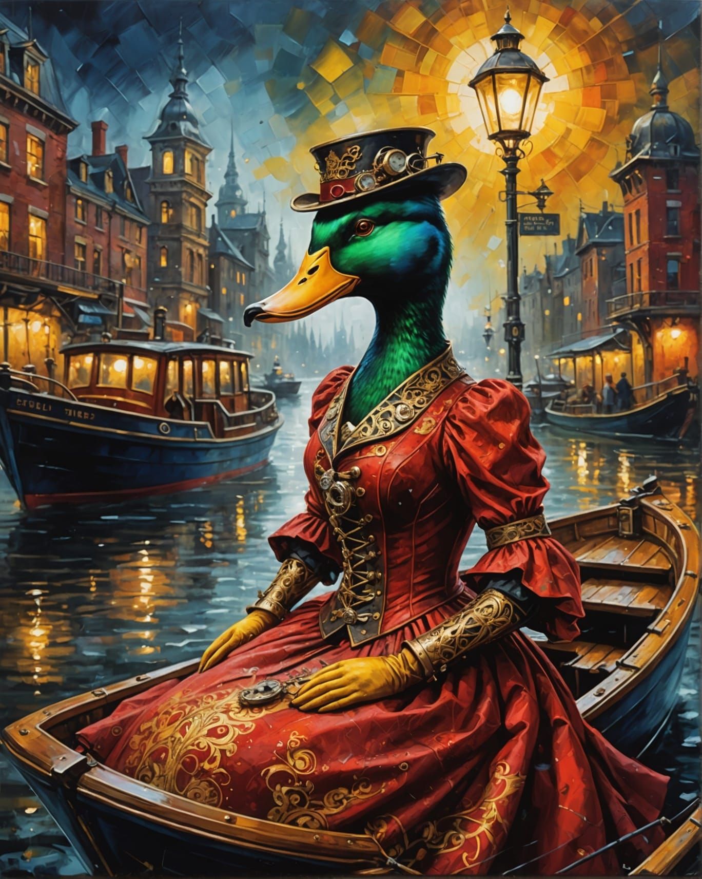 Steampunk Mallard Duck in Cityscape, Oil on Canvas