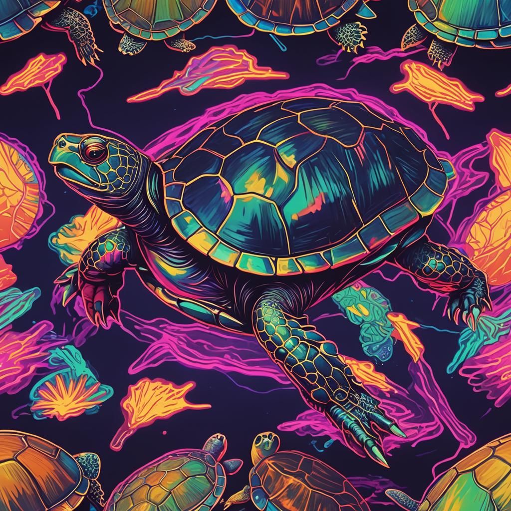 Synthwave Turtle with Neon Painted Shell