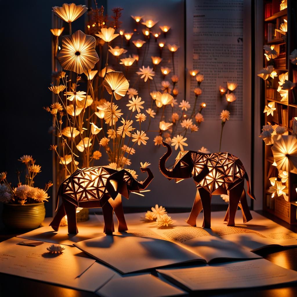 Intricate Origami Elephants and Flowers With Luminous Lighti...