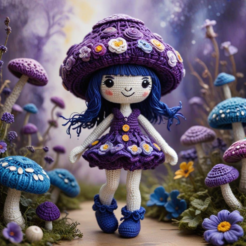 Whimsical Amigurumi Mushroom Goddess in Oil and Watercolor