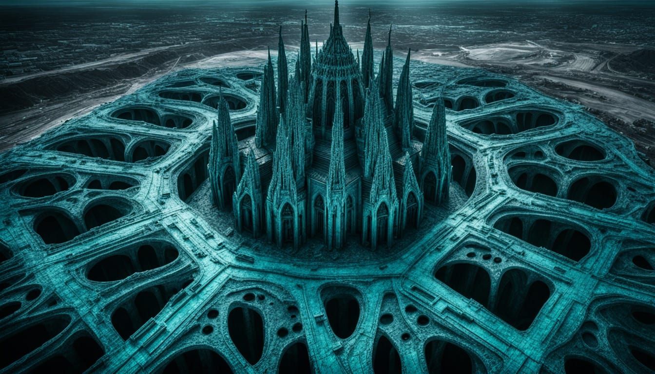 Epic Alien Cathedral in Turquoise-Tinted Black Concrete