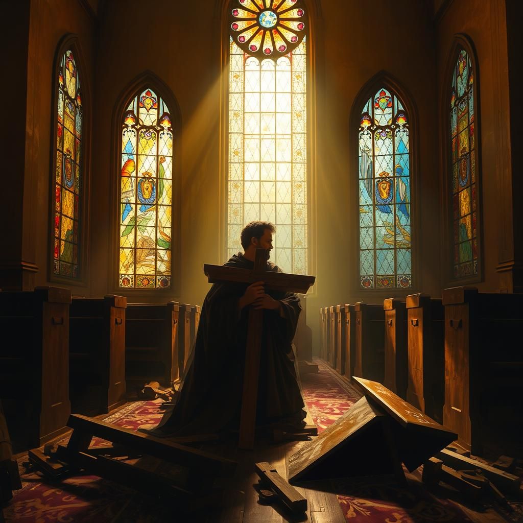Contemplative Figure with Cross in Stained Glass Light