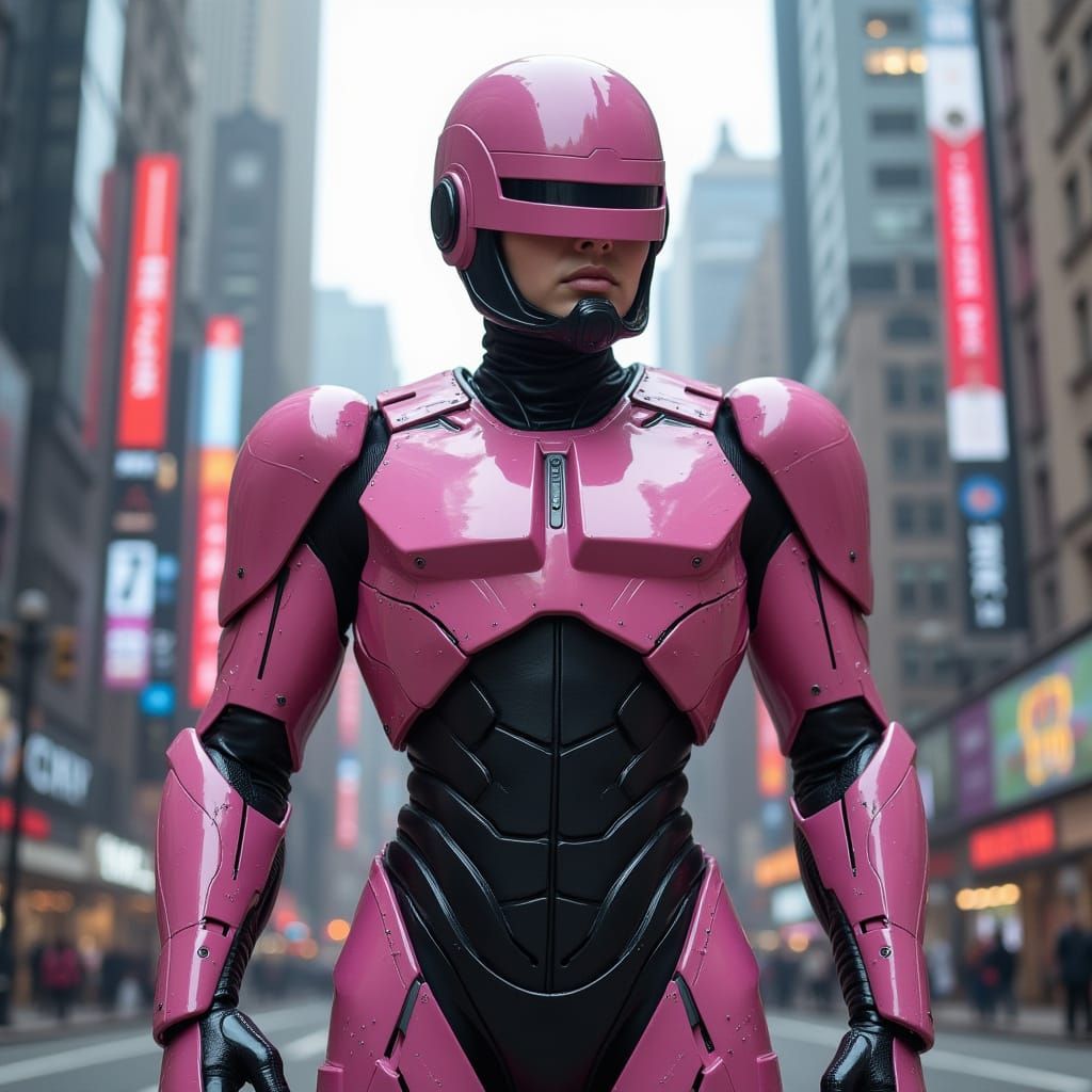 Robocop in Pink Suit in Futuristic Cityscape