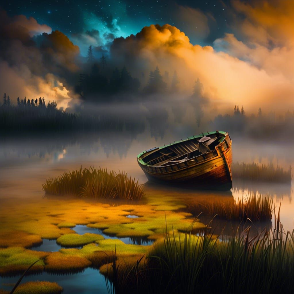 Foggy Swamp with Old Boat on Shore