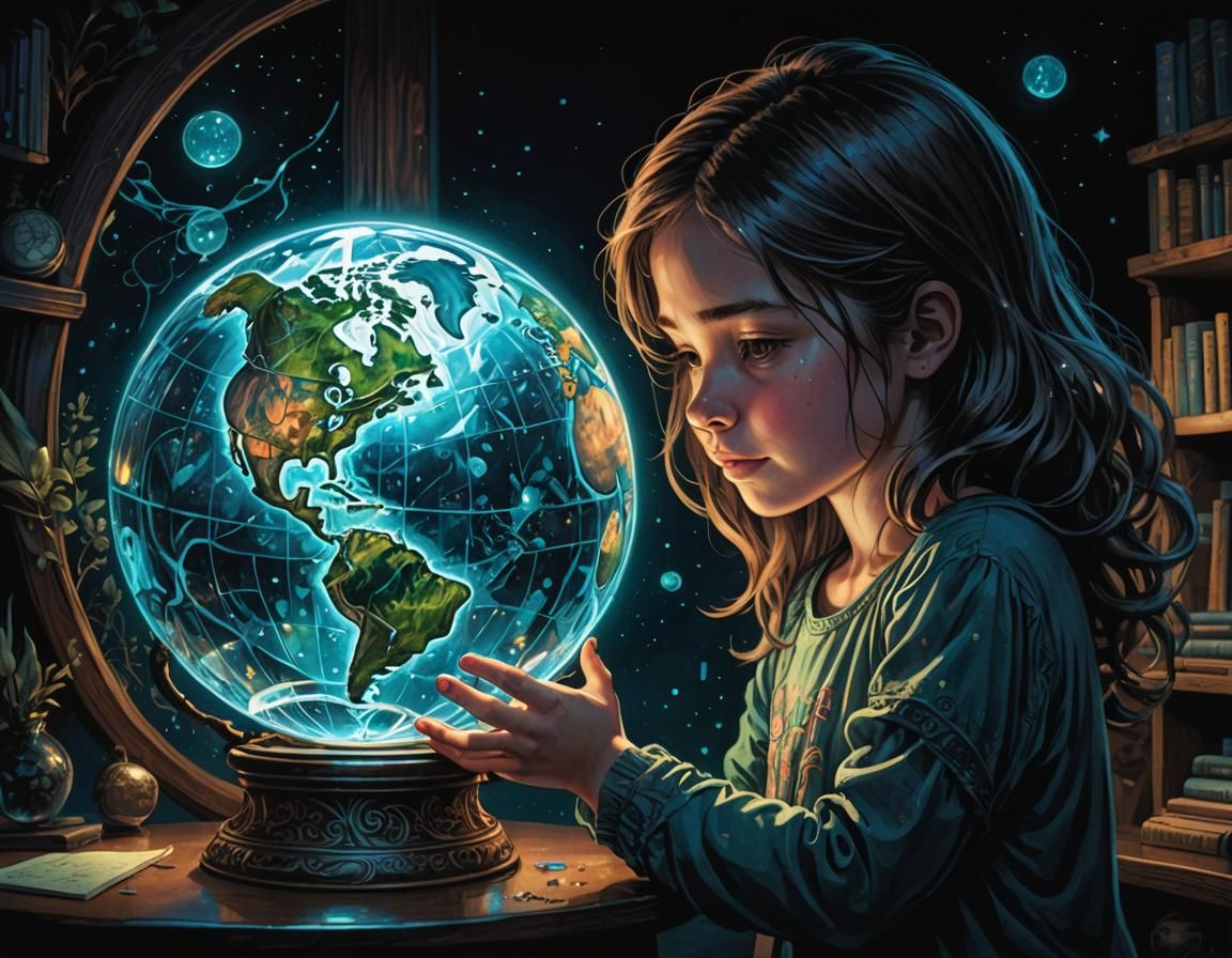 Girl Hugs Earth Globe with Bioluminescent Glow