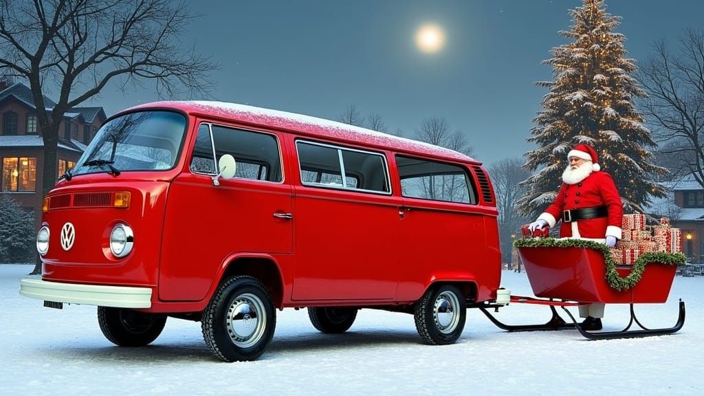 Vintage Red Volkswagen T2b Kombi in Festive Winter Wonderlan...