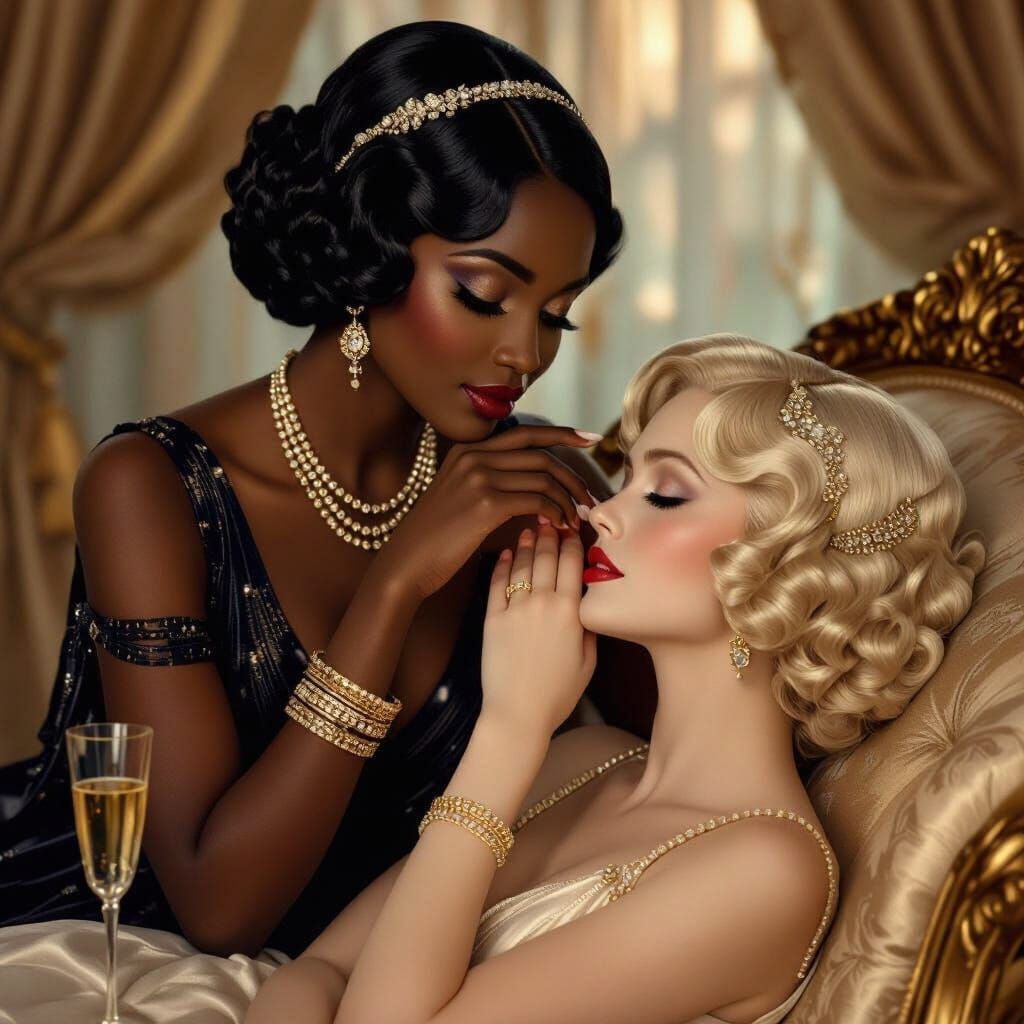 Regal Haitian Woman in 1920s Fashion Holds Chin of Blonde Co...