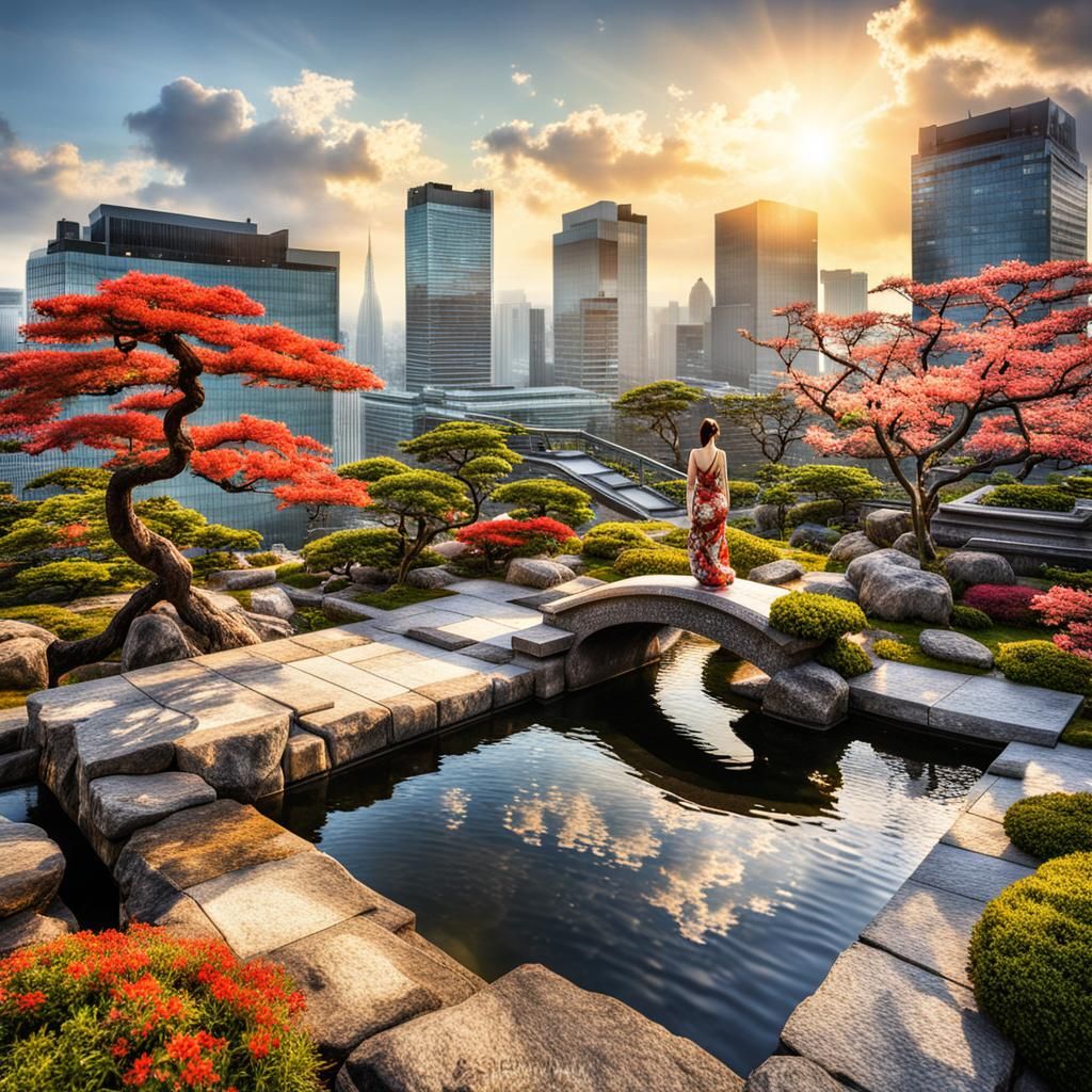 Japanese Garden on Skyscraper at Sunset, Photorealistic