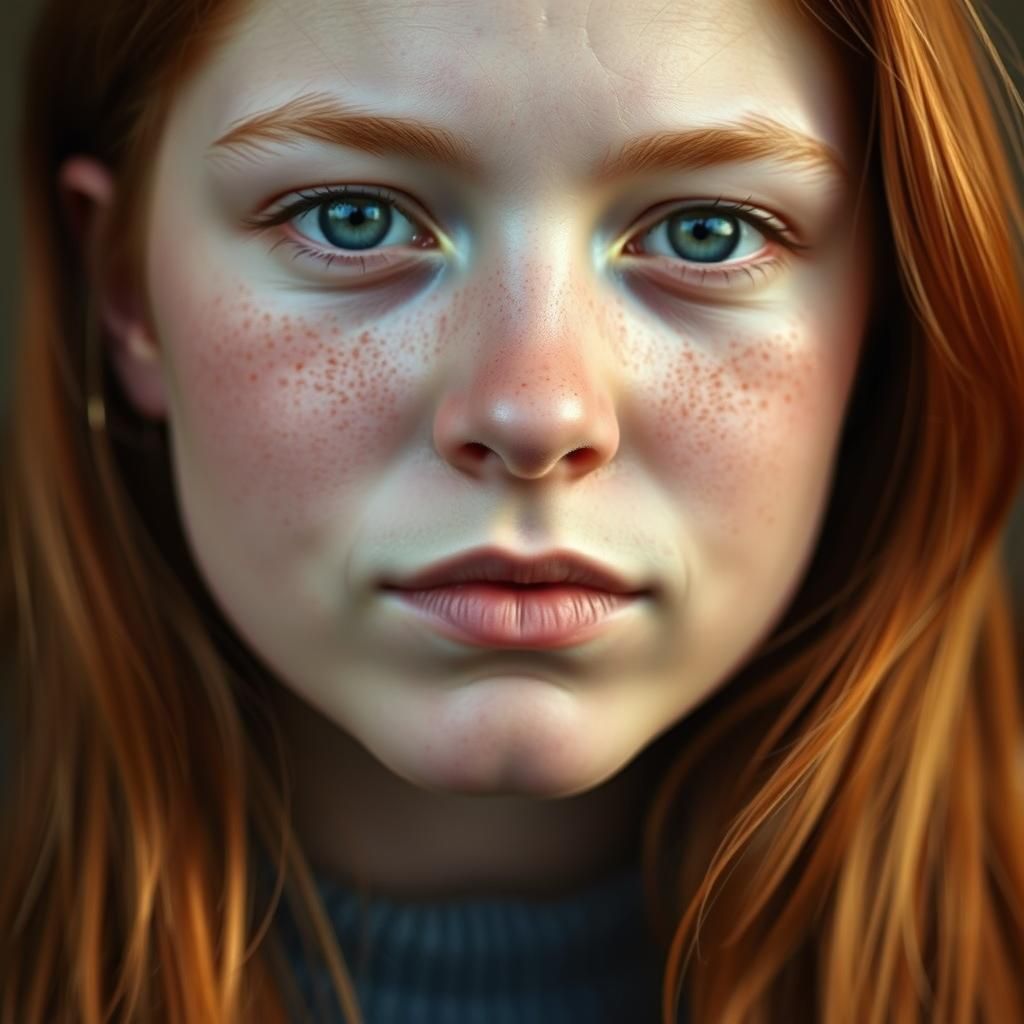 A Photorealistic picture of a redhead teenage girl with frec...