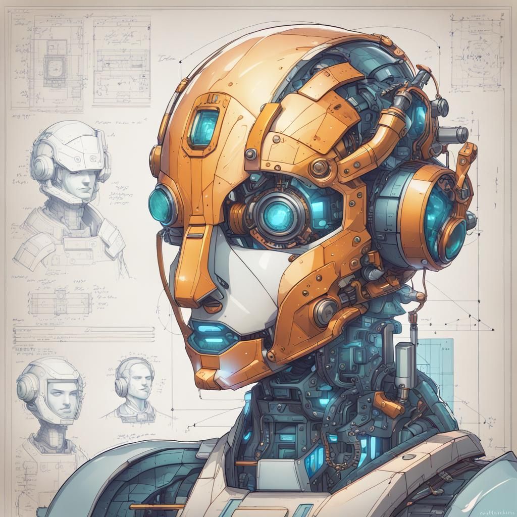 Detailed Blueprint of Cute Robot, Hand-Drawn Illustration