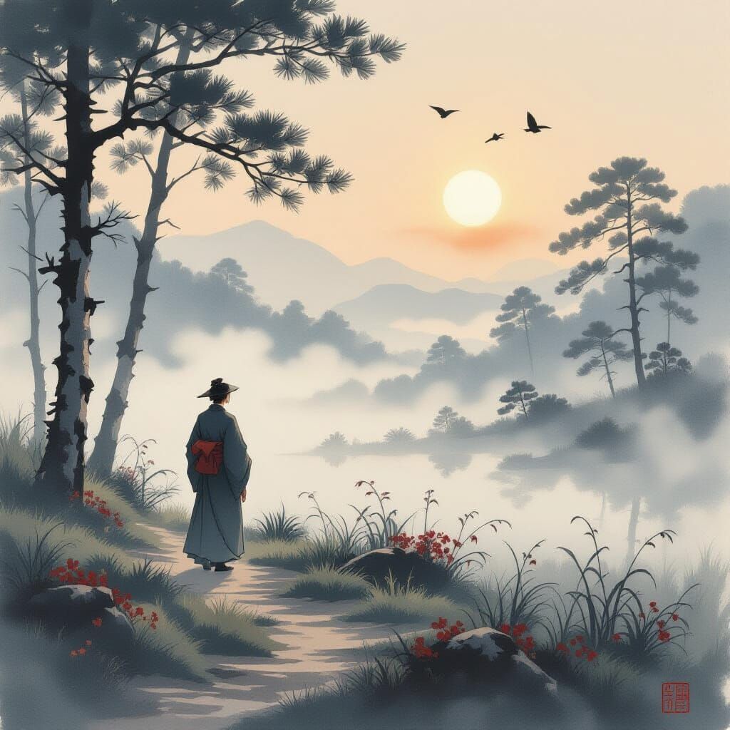 Solitary Figure in Hazy Japanese Landscape at Sunrise