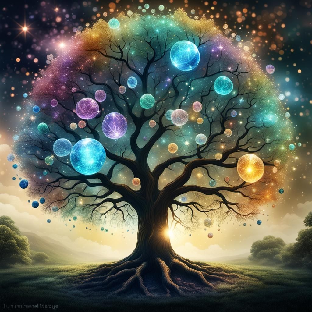 Luminescent Tree of Magical Crystals: Digital Art