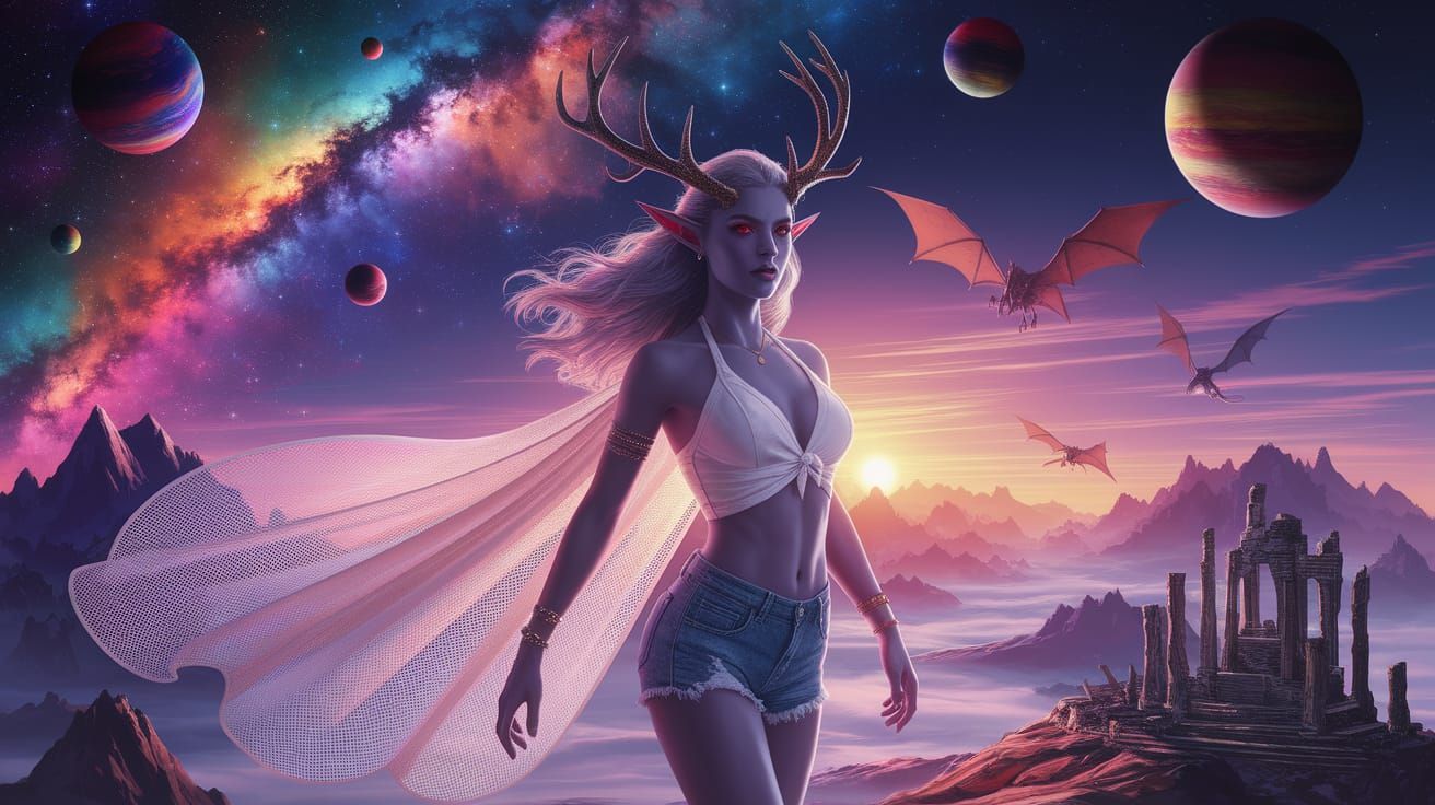 Tiefling Maiden Victorious Atop Mountain Peak