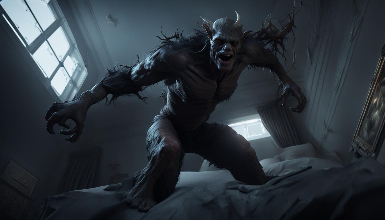 Nightmare Creature Perched Above Bed in 3D Render