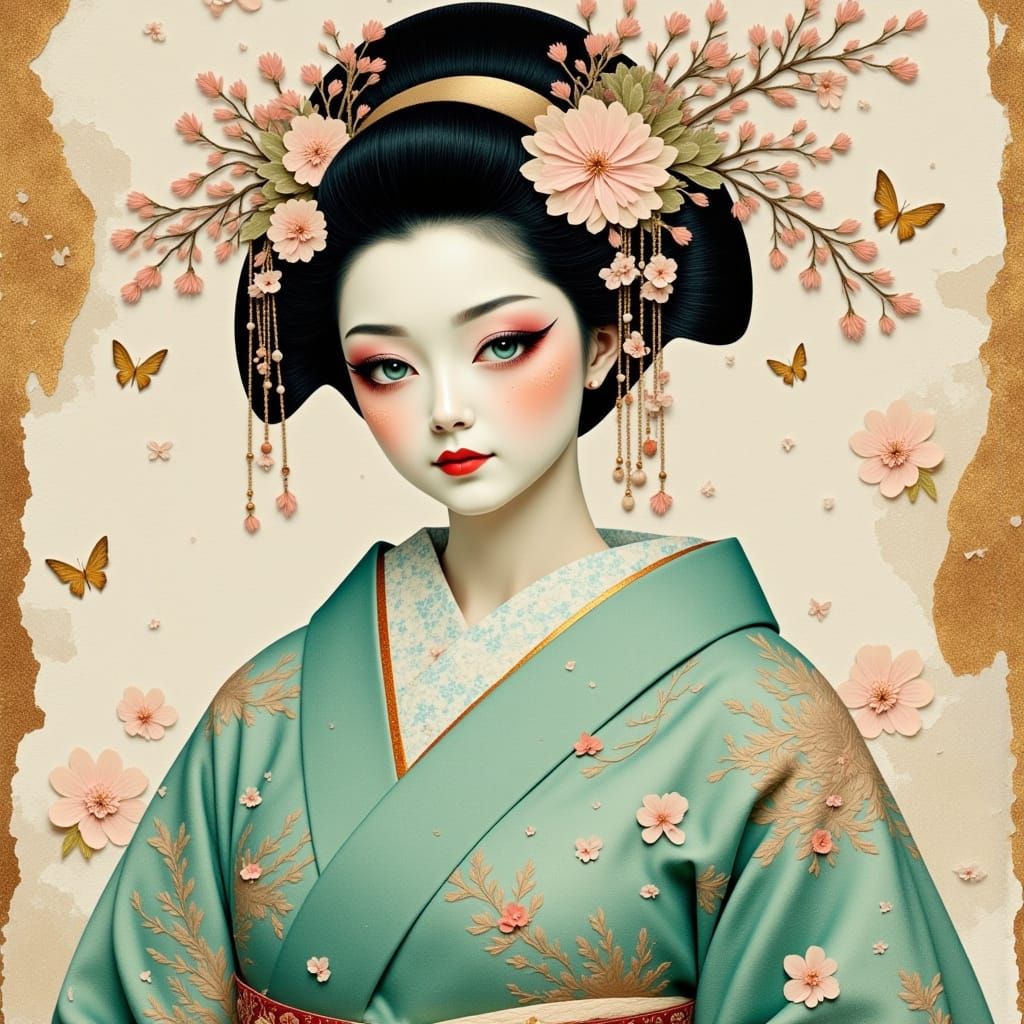 Enigmatic Geisha in Vintage Paper Art