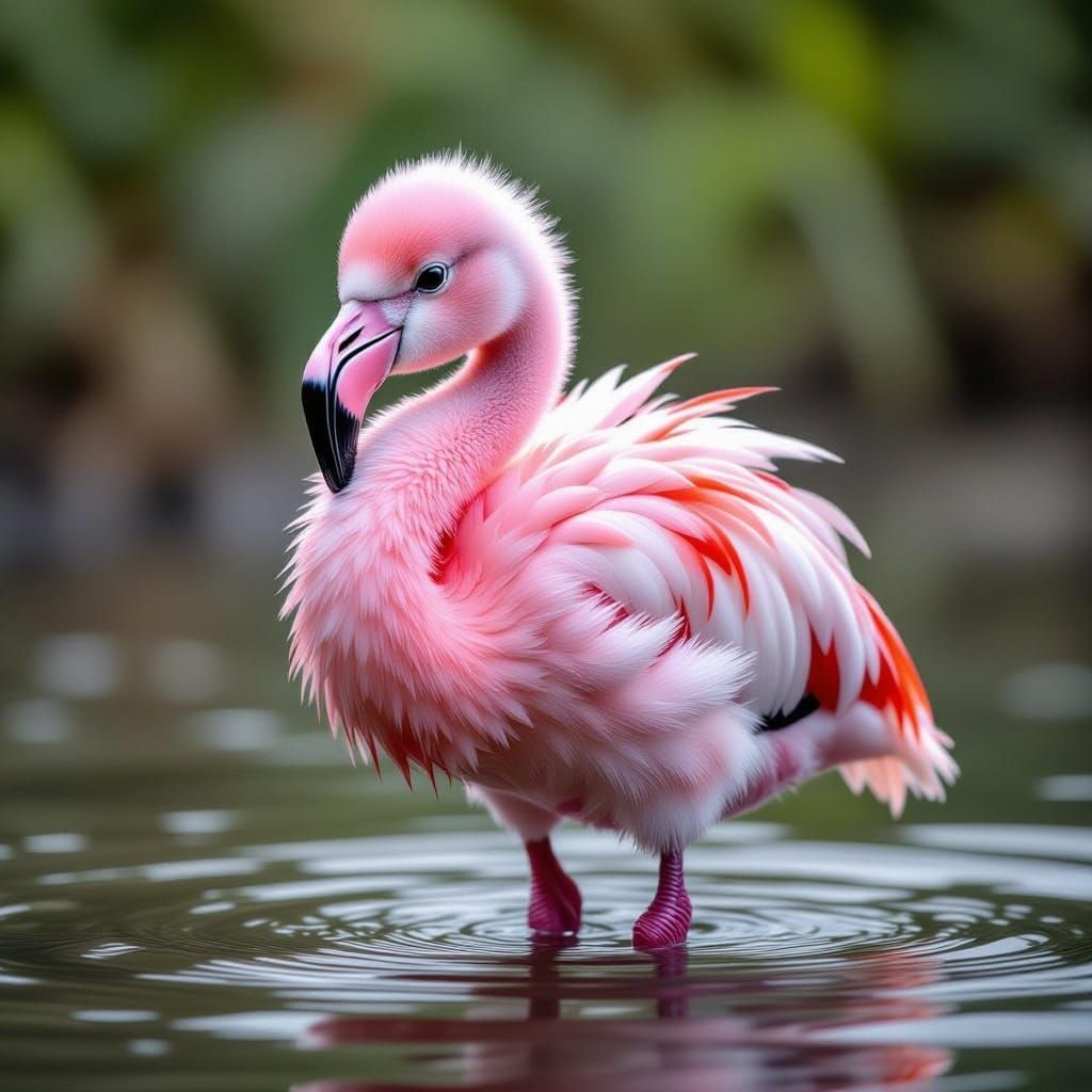 Pink Baby Flamingo in Shallow Water, Hyperrealistic