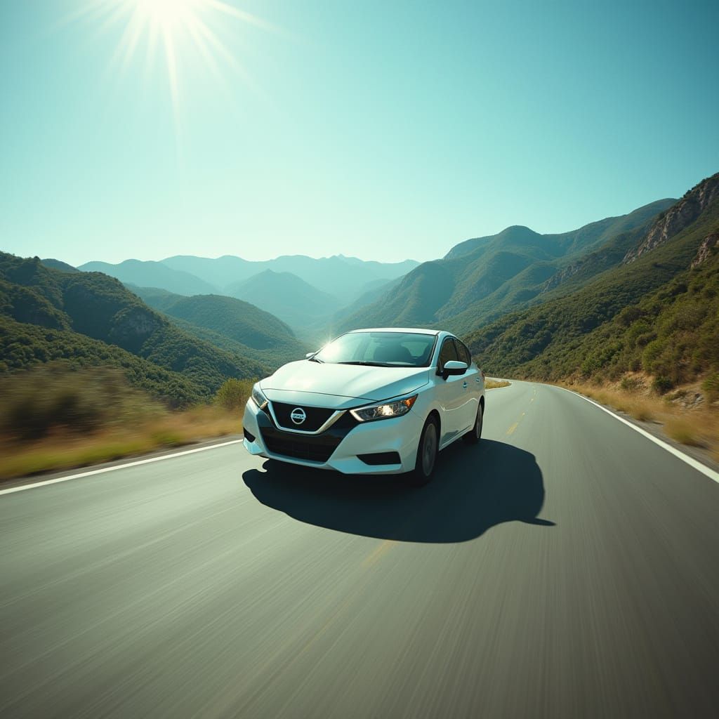 Nissan Sentra Cruising Down a Winding Road in a Dramatic Sun...