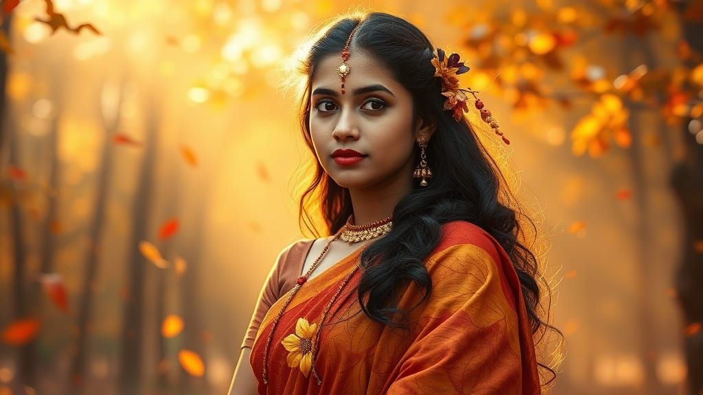 Serenely Empowered Bengali Goddess Amongst Vibrant Autumn Le...