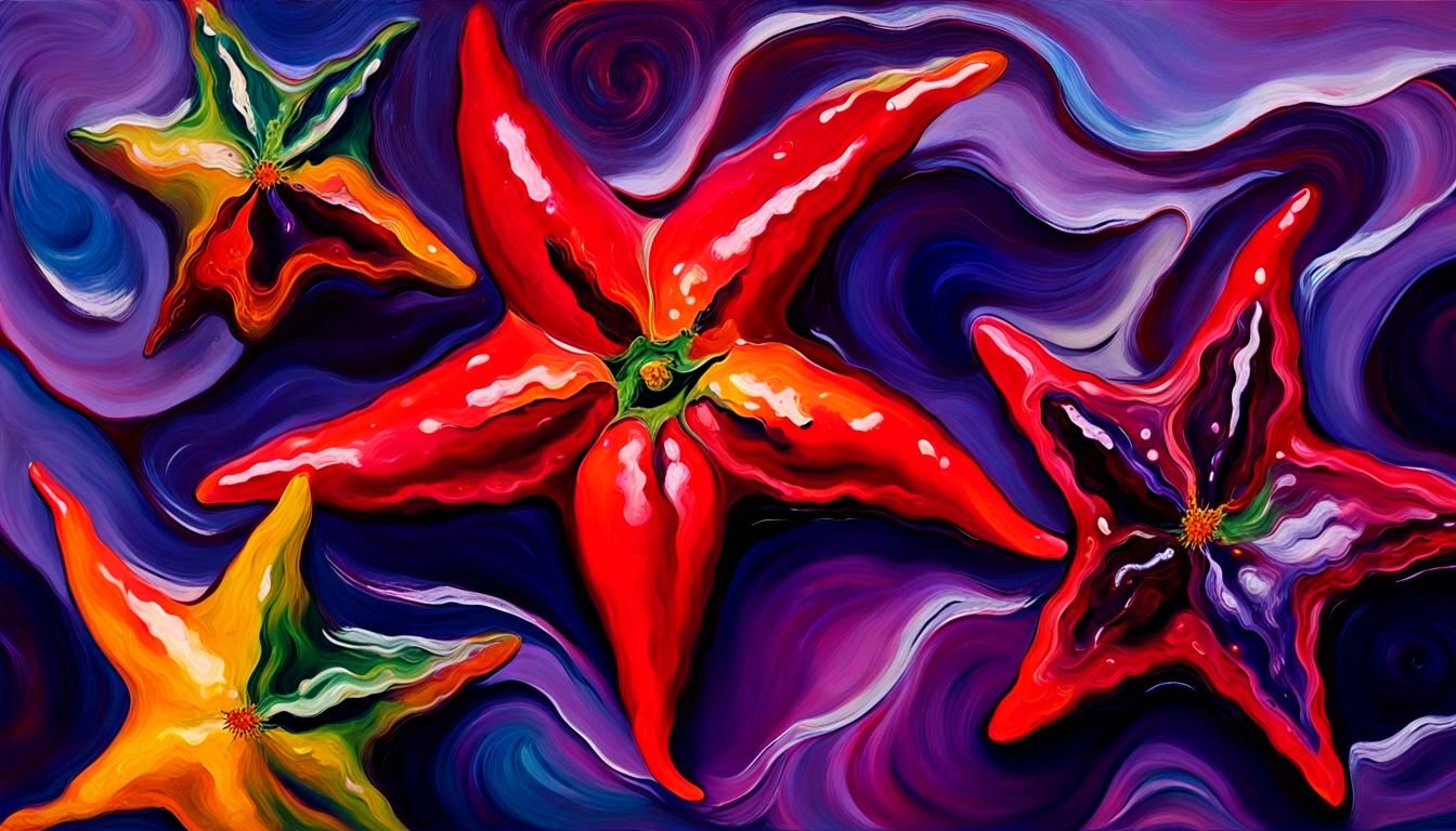 Spinning Chili Pepper Stars in Impasto Oil Paint