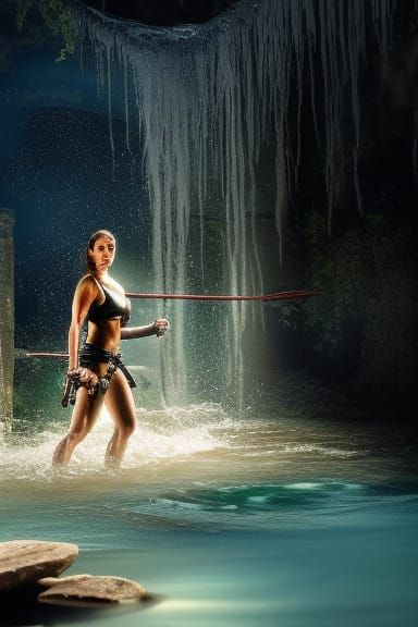 amazon mila kunis as muscled amazon lara croft wading through blue glowing water, bright white castle stones, 2 0 0 mm f...