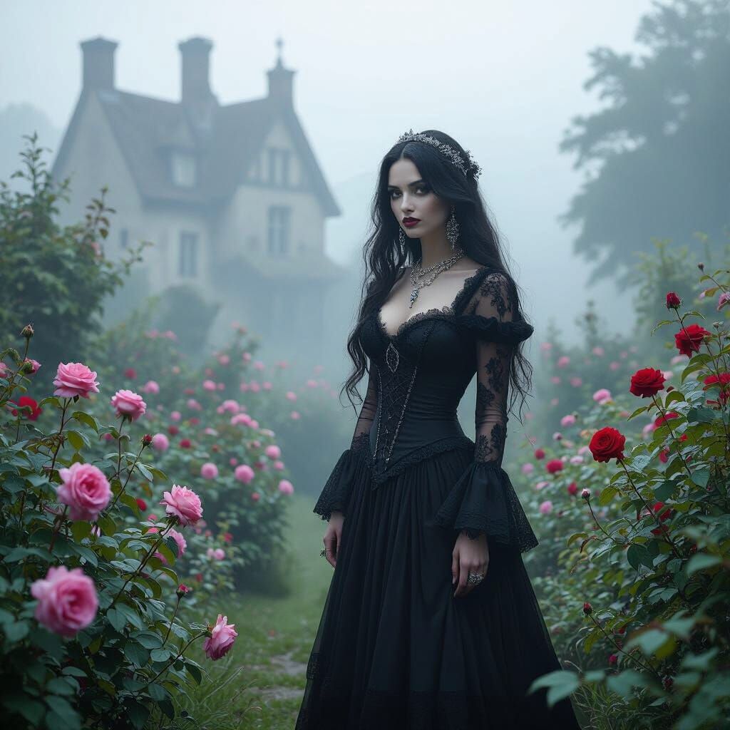 Gothic Woman in Rose Garden with Ethereal Light