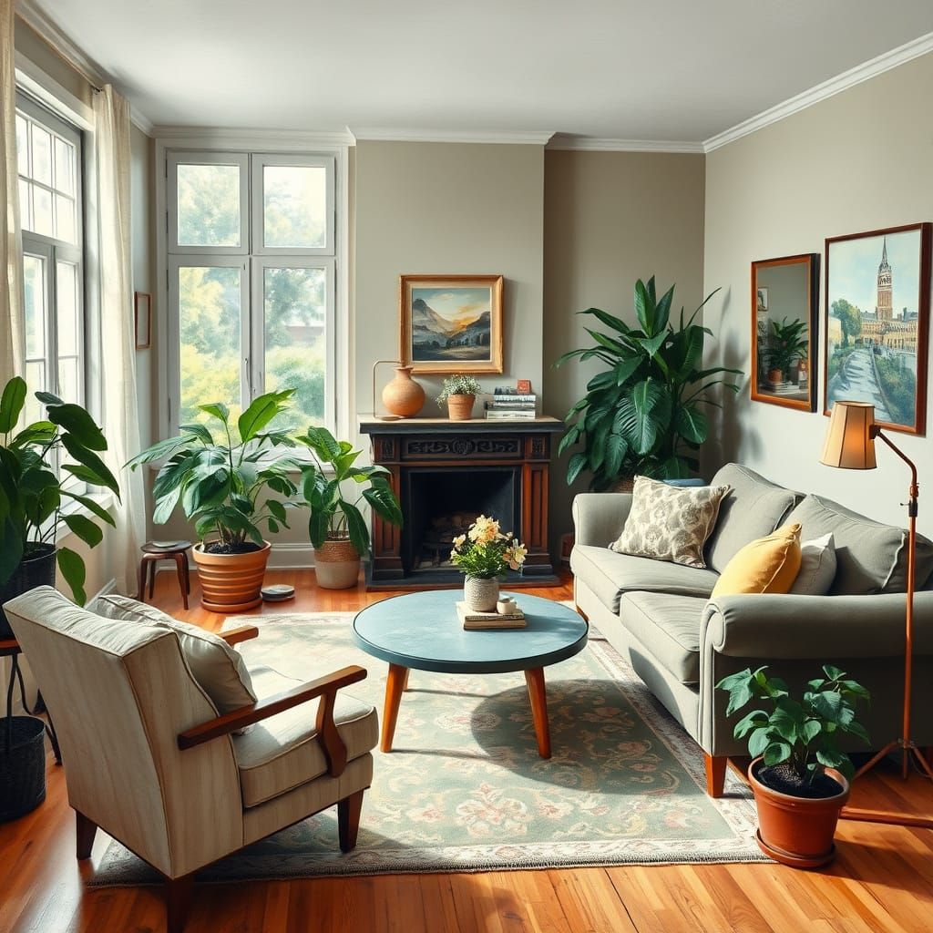 Inviting Living Room Studio in Gouache Watercolor