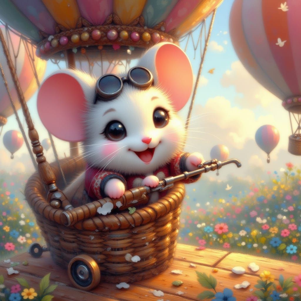 Pilot Mouse in Hot Air Balloon Adjusting Heat for Liftoff
