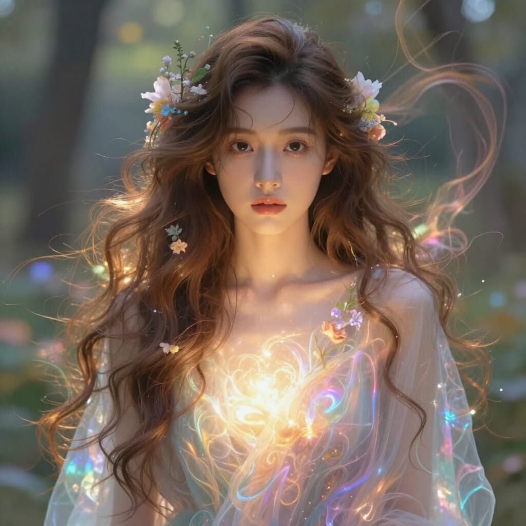 Ethereal Woman with Floral Hair in Dreamlike Fantasy Art