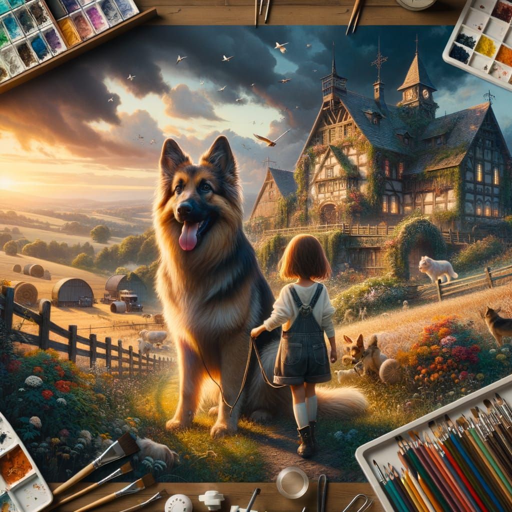 Girl and German Shepherd in Whimsical Farm Fantasy
