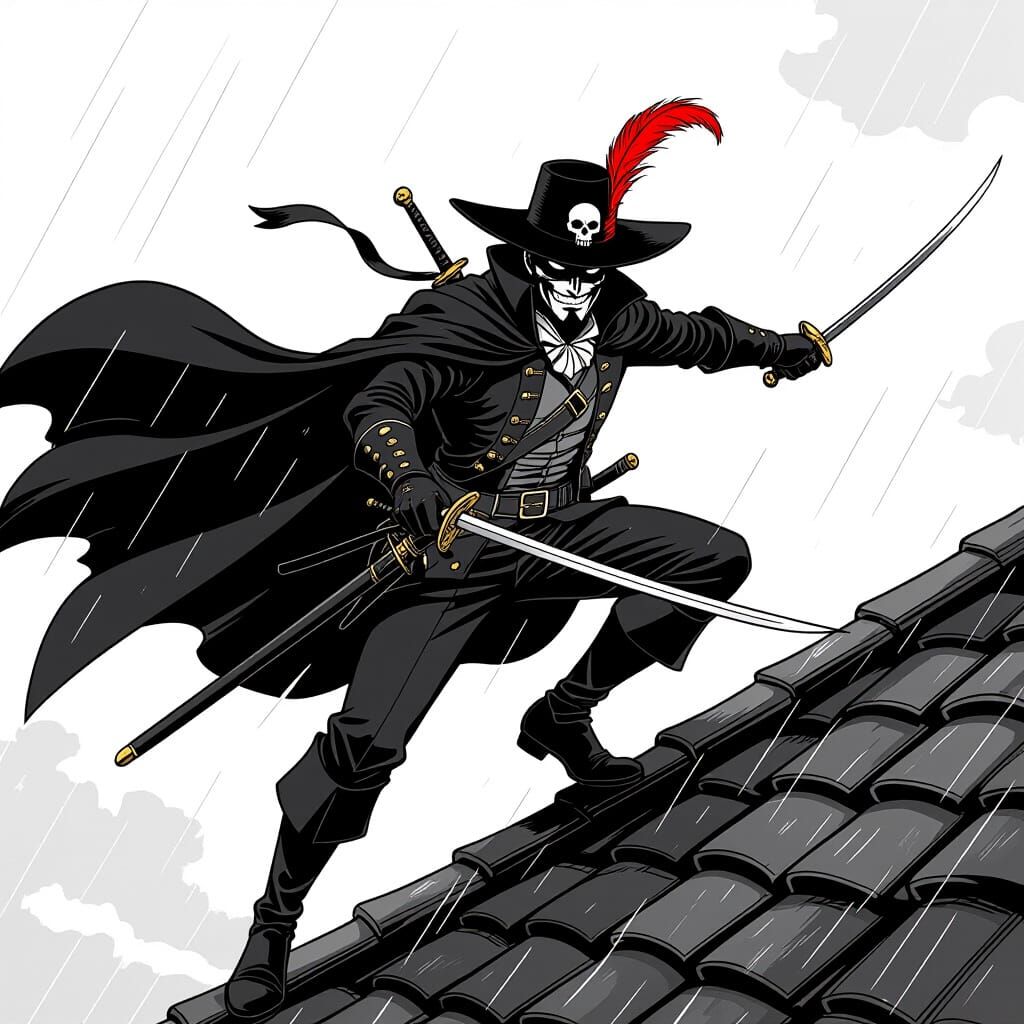 Noir Musketeer Leaps in Rainy Manga Alley
