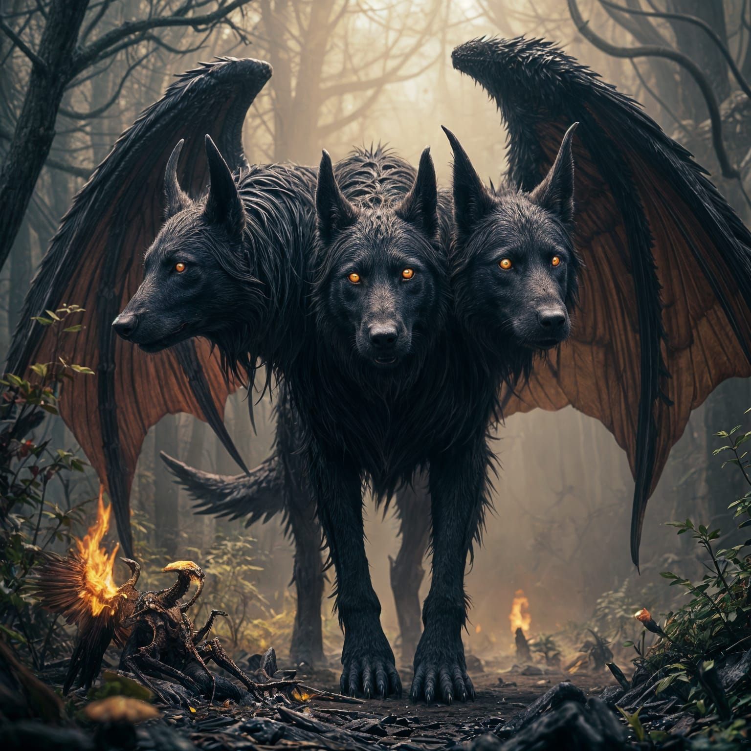Dark Fantasy Cerberus with Decaying Wings in Hyperdetailed S...