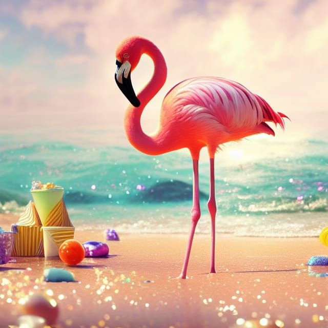 Glittering Flamingo Beach Scene in Art Nouveau Style