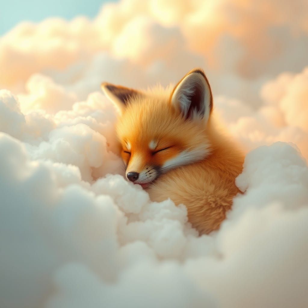 Surreal Cloud Fox Pup Slumbers in Pastel Paradise