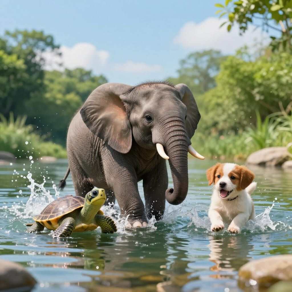 Baby Animals Play Together in Sparkling Lake